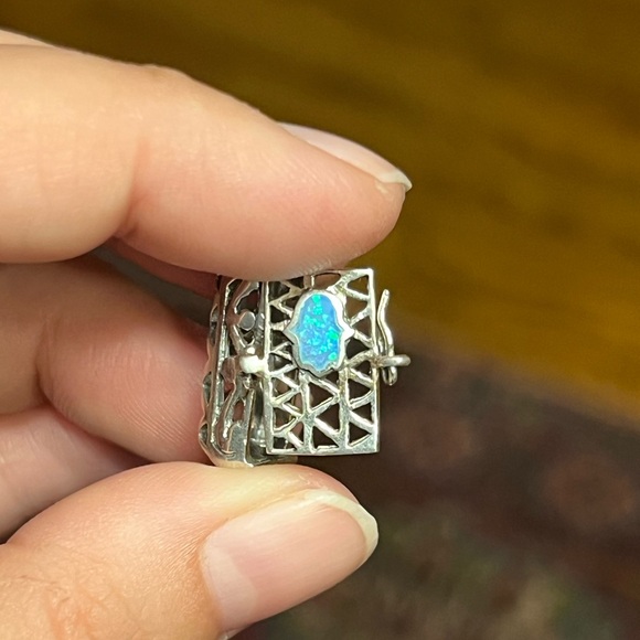 Lab Created Opal Hamsa Hand Cage Pendant In Sterling Silver - Picture 7 of 8